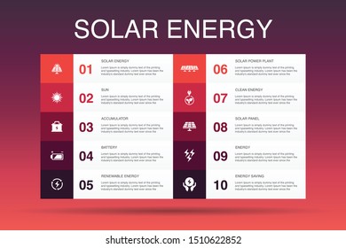 Solar energy Infographic 10 option template.Sun, battery, renewable energy, clean energy simple icons