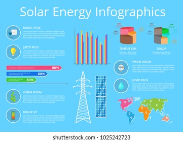 Solar energy infographic, poster with text and headlines, information and graphics, icons of plug and socket, vector illustration isolated on blue