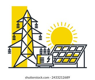 Solar energy innovations icon in bold line - sun panels, powerline pillar, electric equipment