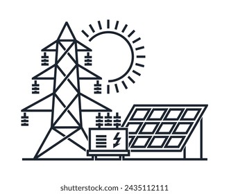 Solar energy innovations monochrome icon in bold line - sun panels, powerline pillar, electric equipment