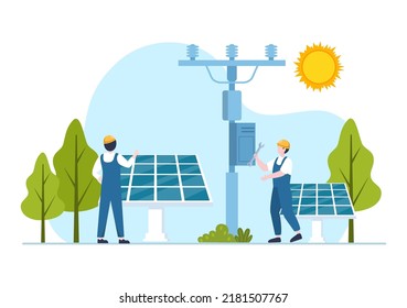 Solar Energy Installation, Panel or Wind Turbine Maintenance with Home Service Team For Electricity Network Operation in Cartoon Illustration