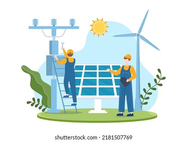 Solar Energy Installation, Panel or Wind Turbine Maintenance with Home Service Team For Electricity Network Operation in Cartoon Illustration