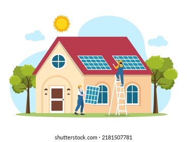 Solar Energy Installation, Panel or Wind Turbine Maintenance with Home Service Team For Electricity Network Operation in Cartoon Illustration