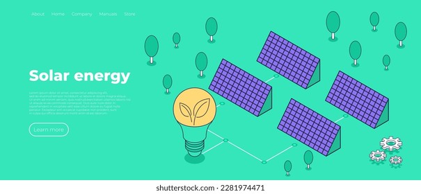 Die isometrische Szene der Sonnenenergie. Sonnenkollektion und Baum auf grünem Hintergrund. Grüne Energie. Ökologie, Vektorgrafik.