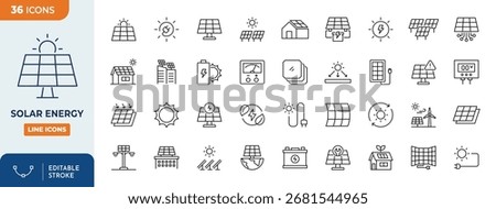 Solar Energy line editable icon set. Editable stroke. Vector illustration	
