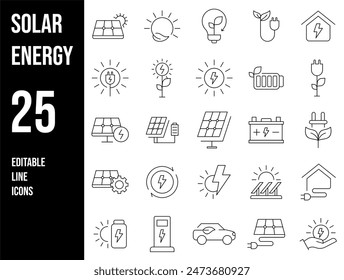 Solar Energy Line Editable Icons set. Vector illustration in modern thin outline style of sun power photovoltaic (PV) home system and renewable electric energy technology signs: house, cell, battery.