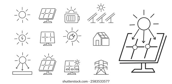 Solar Energy Line Editable Icons set Vector illustration in modern thin outline style of sun power.
