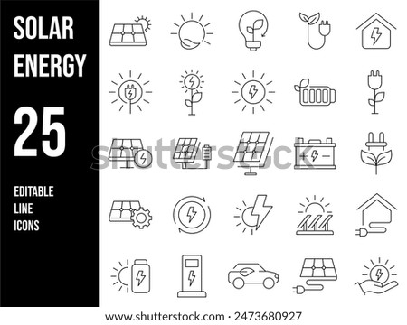 Solar Energy Line Editable Icons set. Vector illustration in modern thin outline style of sun power photovoltaic (PV) home system and renewable electric energy technology signs: house, cell, battery.