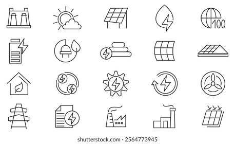 Solar energy line icon set. solar panel, recyclable, gas fuel, save planet, accumulator, trash bin, factory pollution, eco, energy, cells, house, battery line icon set. UI thin line icon pack.