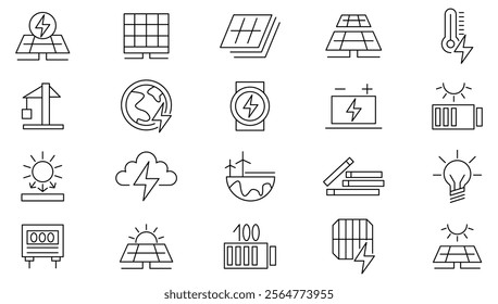 Solar energy line icon set. solar panel, recyclable, gas fuel, save planet, accumulator, trash bin, factory pollution, eco, energy, cells, house, battery line icon set. UI thin line icon pack.