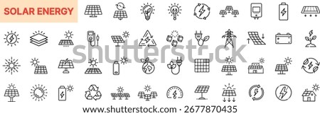 Solar Energy Line Icon Set with Sun, Solar Panels, Renewable Power, Battery, Charging, Light Bulb, Electric Grid, Eco House, Recycling, Sustainability, and Green Technology Elements