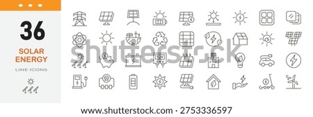 Solar energy line icon set. Contains solid icons related to environment, con sun, solar panel, eco, charging, eco-friendly system, environment, battery and others. Editable stroke.