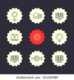 Solar energy line icons, solar power, panels installation, vector illustration