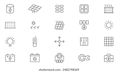 Iconos de la línea de energía solar establecidos. Industria energética y energética, energía solar, fuentes renovables de energía, ecofriendly y colección de iconos de Acuerdo de compra de energía. Paquete de iconos de esquema delgado de UI