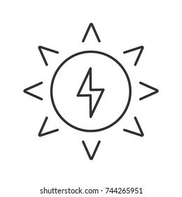 Solar energy linear icon. Sun with lightning inside. Thin line illustration. Eco energy. Contour symbol. Vector isolated outline drawing