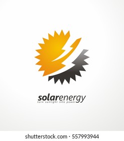 Solar energy logo design idea with sun shape and bolts in negative space. Renewable energy sign, symbol, emblem, logotype or icon concept. Vector illustration.