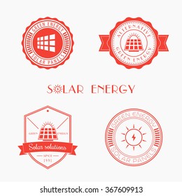 Solar energy logo, emblems, signs, round, on shield over white, vector illustration