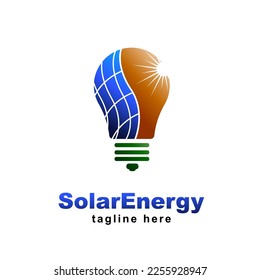 Solar energy logo with panel light bulb shape. renewable green energy vector illustration