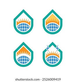 Conjunto de logotipos de energía solar con Elementos de Sun, Globe y Lightning Bolt en diseño moderno de Vector para soluciones de energía renovable, Tecnología verde y marca de energía sostenible, gráficos de ilustración