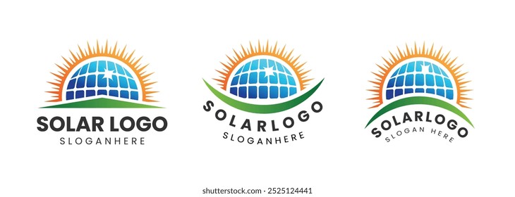 Solar Energy Logo Set with Sun and Solar Panels for Sustainable Living. Solar logo design vector. Green energy concept