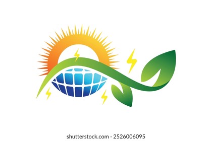 Solar Energy Logo with Sun, panels, Earth, and Leaves for Sustainable Living. solar logo, green energy concept, vector illustration