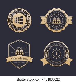 Solar energy logos, emblems, solar energetics badges, gold on dark