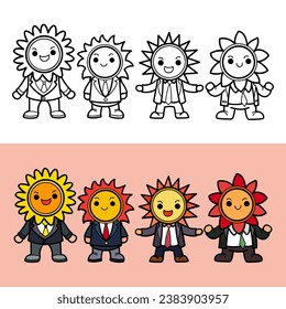 Solar energy mascots, sun wears a business suit with different poses, mascot characters, flat cartoons, border outlines and coloring, vector illustration.