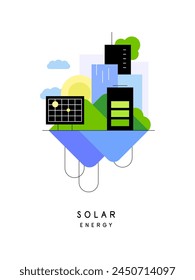 Solar energy. Modern city and renewable energy sources. Industrial landscape. Simple flat illustration. Poster, card. Vector file.