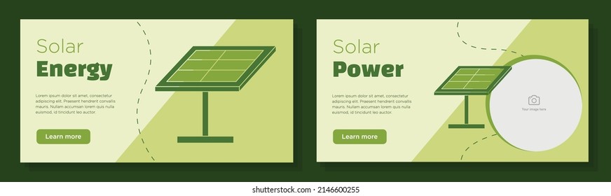 Juego de plantillas de banner en línea de energía solar, anuncio de producción de energía renovable, anuncio horizontal, página web de campaña de energía solar eléctrica, volante, folleto creativo, aislado en segundo plano.