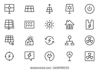 Solar Energy outline icon set. Sun power photovoltaic PV home system and renewable electric energy technology editable stroke line signs house, cell, battery, vehicle