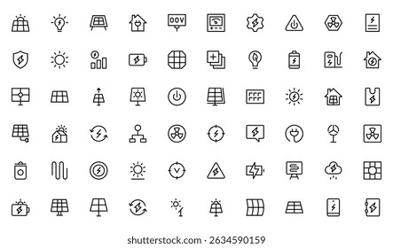 Solar Energy outline icon set. Sun power photovoltaic PV home system and renewable electric energy technology editable stroke line signs house, cell, battery, vehicle