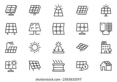 Solar Energy outline icons set, Renewable Resources, Eco-Friendly Solutions, and Green Technology Initiatives