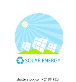 solar energy panel battery on blue sky green grass flat design icon vector illustration