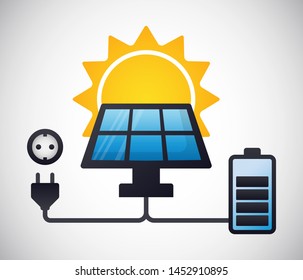 Solar energy panel is charging a battery and alternativ power plug concept colorful vector illustration