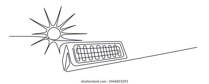 Solar energy panel in continuous line. Sun battery to collect heat by absorbing sunlight. Clean energy, ecology. Vector drawn illustration. Element of technologies sign. Editable stroke