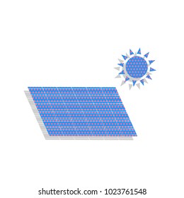 Solar energy panel. Eco trend concept sign. Vector. Neon blue icon with cyclamen polka dots pattern with light gray shadow on white background. Isolated.