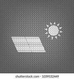 Solar energy panel. Eco trend concept sign. Vector. White knitted icon on gray knitted background. Isolated.