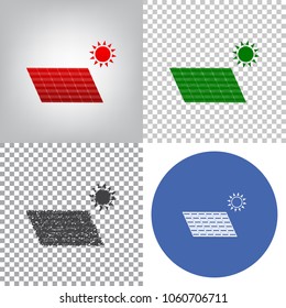 Solar energy panel. Eco trend concept sign. Vector. 4 styles. Red gradient in radial lighted background, green flat and gray scribble icons on transparent and linear one in blue circle.