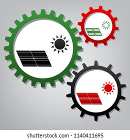 Solar energy panel. Eco trend concept sign. Vector. Three connected gears with icons at grayish background.