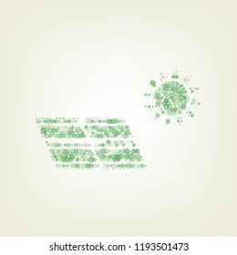 Solar energy panel. Eco trend concept sign. Vector. Green hexagon rastered icon and noised opacity and size at light green background with central light.