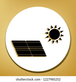 Solar energy panel. Eco trend concept sign. Vector. Black icon with light brown shadow in white circle with shaped ring at golden background.