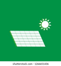 Solar energy panel. Eco trend concept sign. Vector. White flat icon with yellow striped shadow at green background.