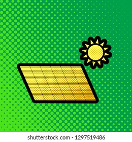 Solar energy panel. Eco trend concept sign. Vector. Pop art orange to yellow dots-gradient icon with black contour at greenish background.