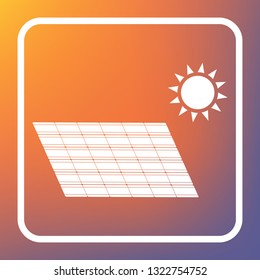Solar energy panel. Eco trend concept sign. Vector. White icon on transparent button at orange-violet gradient background.