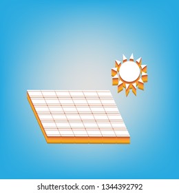 Solar energy panel. Eco trend concept sign. Vector. White icon with 3d warm-colored gradient body at sky blue background.