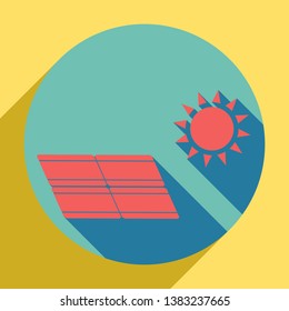 Solar energy panel. Eco trend concept sign. Sunset orange icon with llapis lazuli shadow inside medium aquamarine circle with different goldenrod shadow at royal yellow background.