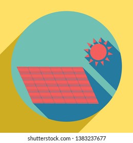 Solar energy panel. Eco trend concept sign. Sunset orange icon with llapis lazuli shadow inside medium aquamarine circle with different goldenrod shadow at royal yellow background.