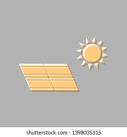 Solar energy panel. Eco trend concept sign. Emboss effect with light orange icon on gray background.