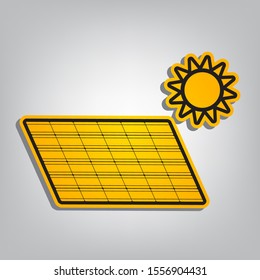 Solar energy panel. Eco trend concept sign. Flat orange icon with overlapping linear black icon with gray shadow at whitish background. Illustration.