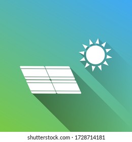 Solar energy panel. Eco trend concept sign. White Icon with gray dropped limitless shadow on green to blue background. Illustration.